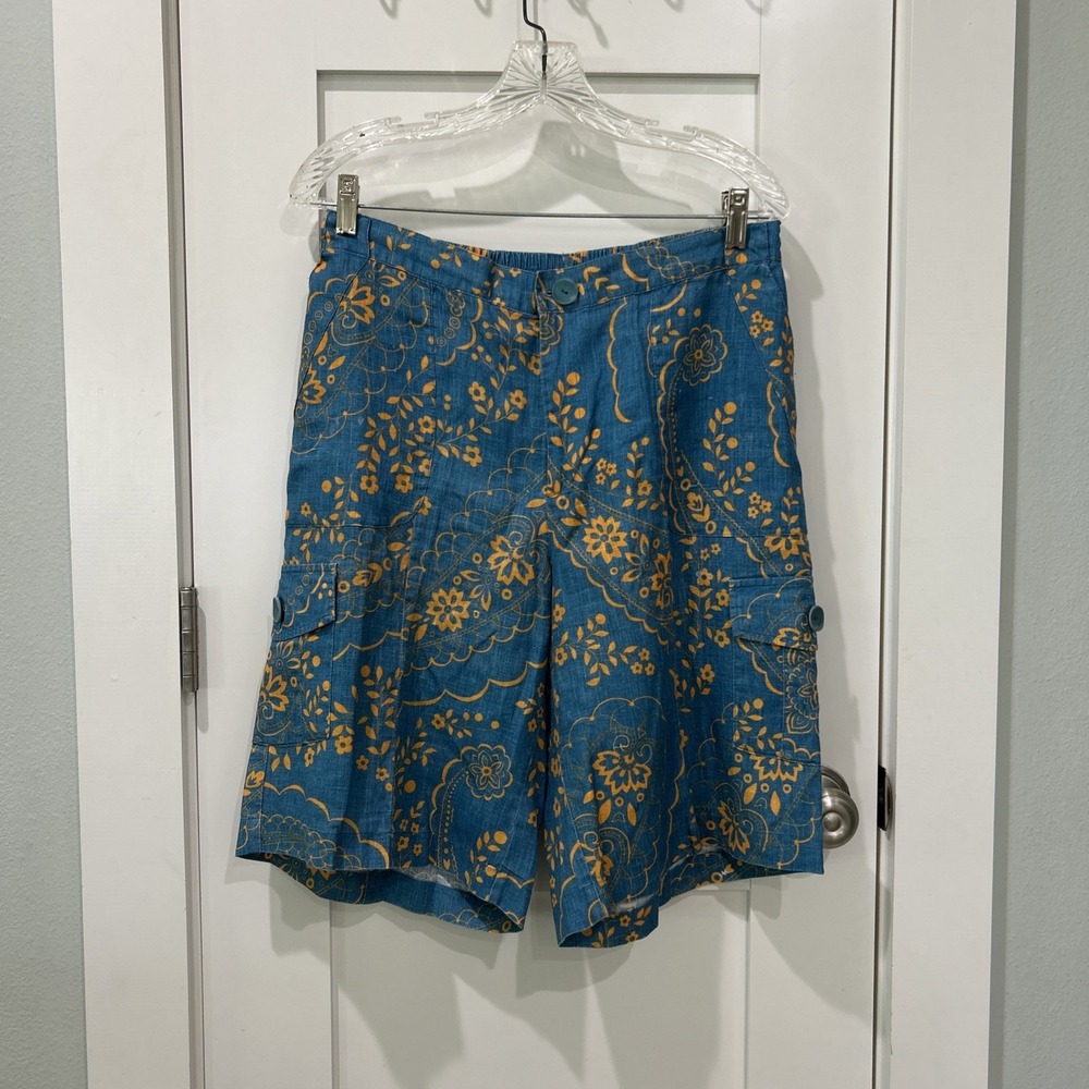 FLAX Designs Linen Shorts Cargo Elastic Waistband Button Closure Floral Small
